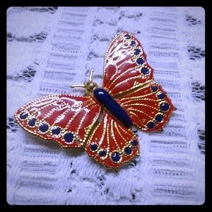 Freirich Red, Blue & Gold Enamel Butterfly Brooch Pin